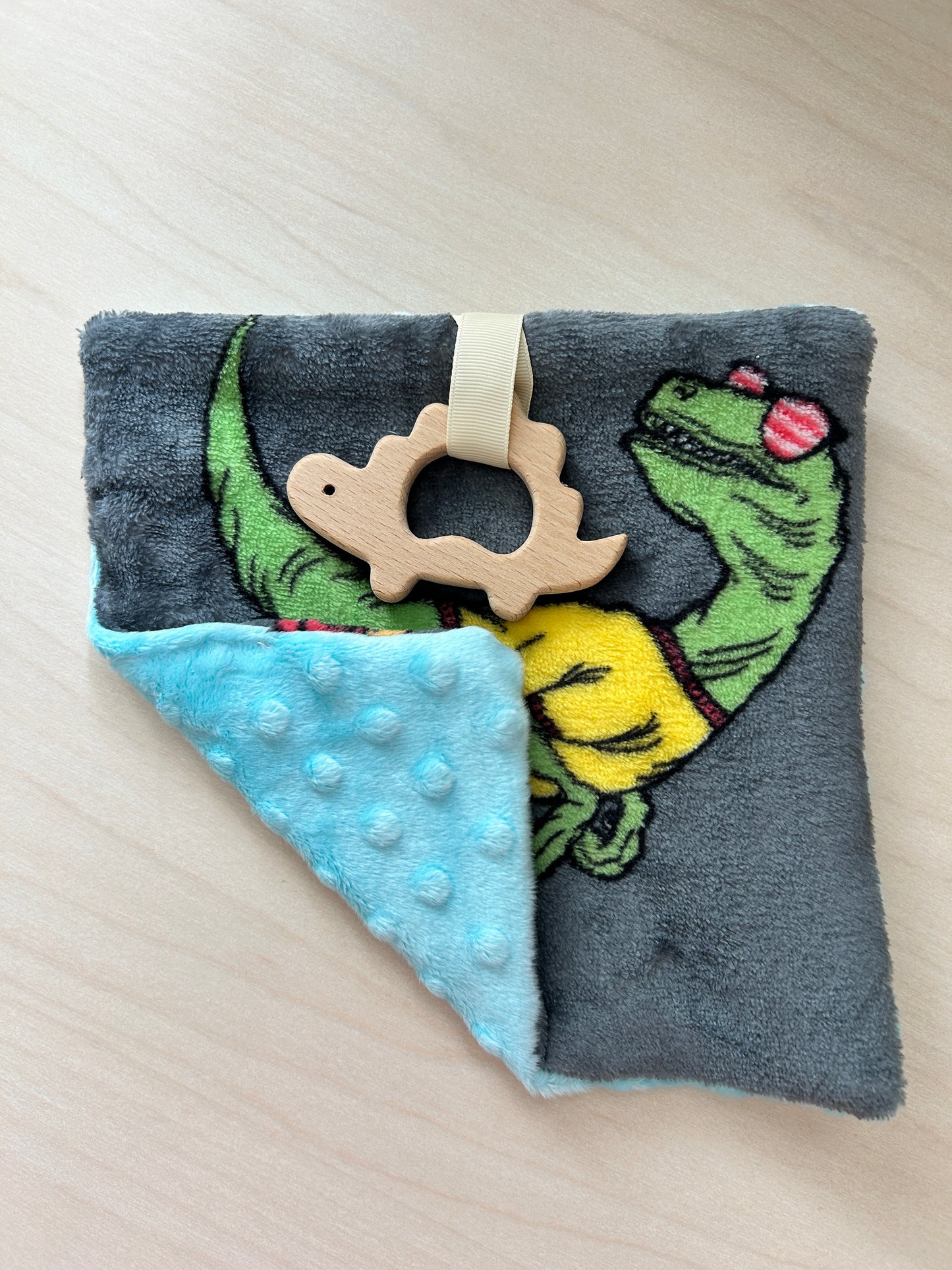 Baby Crinkle Teething Toy with Wooden Ring – Soft Minky Fabric