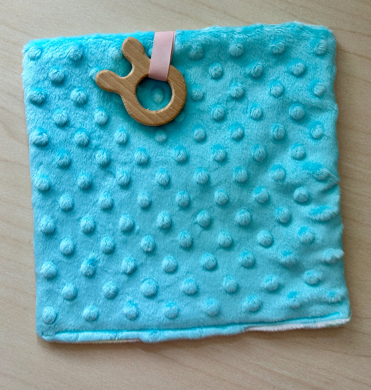 Baby Crinkle Teething Toy with Wooden Ring – Soft Minky Fabric