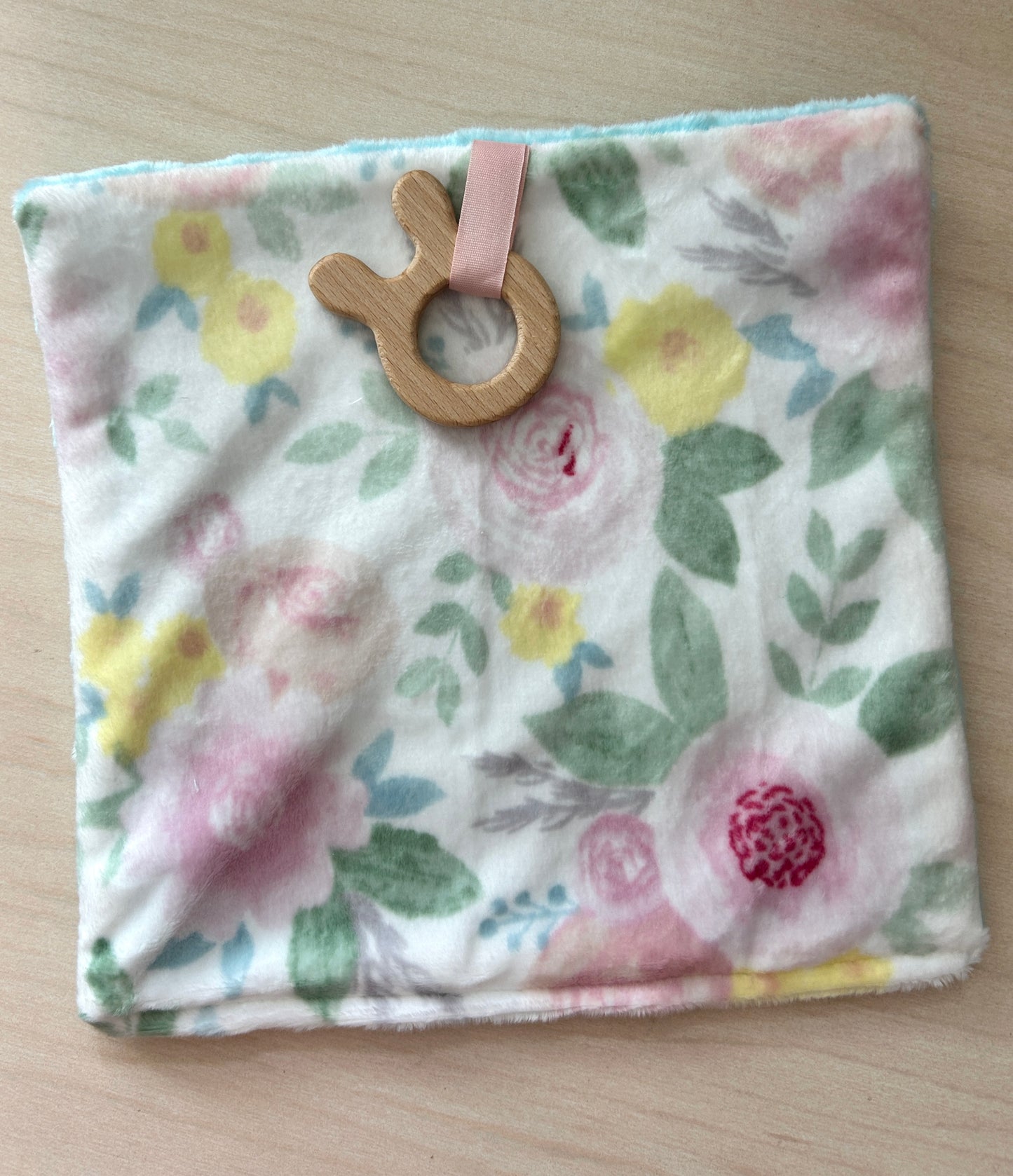 Baby Crinkle Teething Toy with Wooden Ring – Soft Minky Fabric