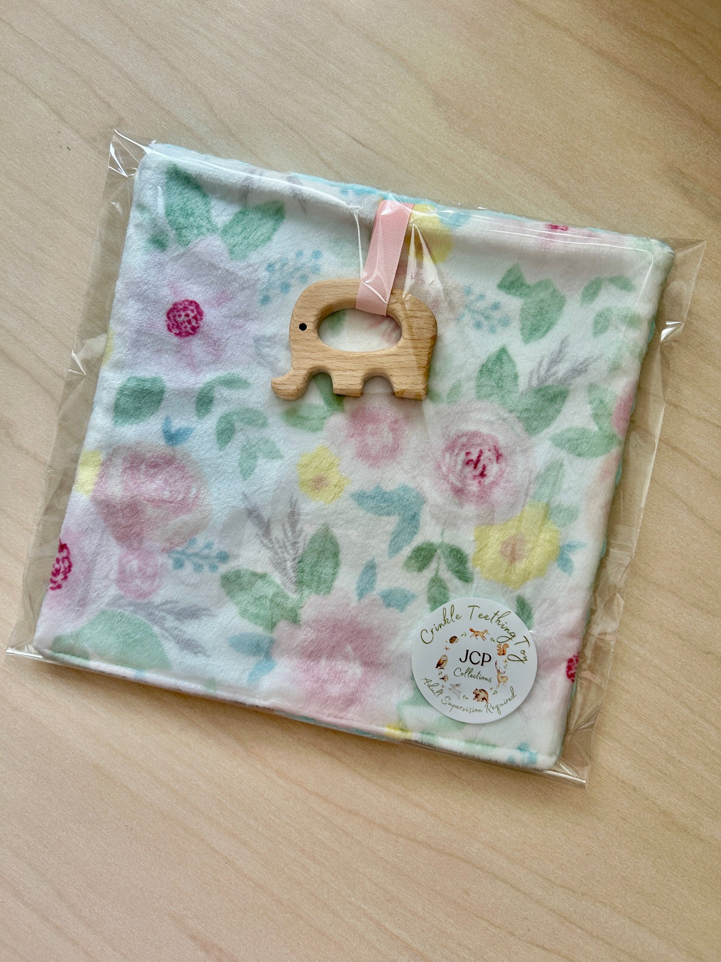 Baby Crinkle Teething Toy with Wooden Ring – Soft Minky Fabric