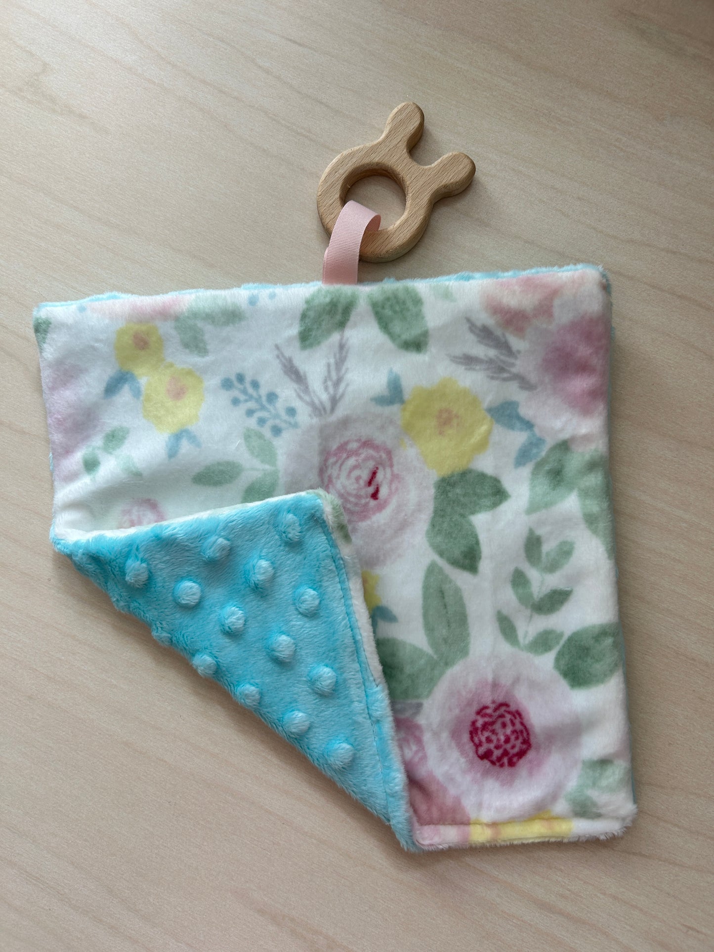 Baby Crinkle Teething Toy with Wooden Ring – Soft Minky Fabric