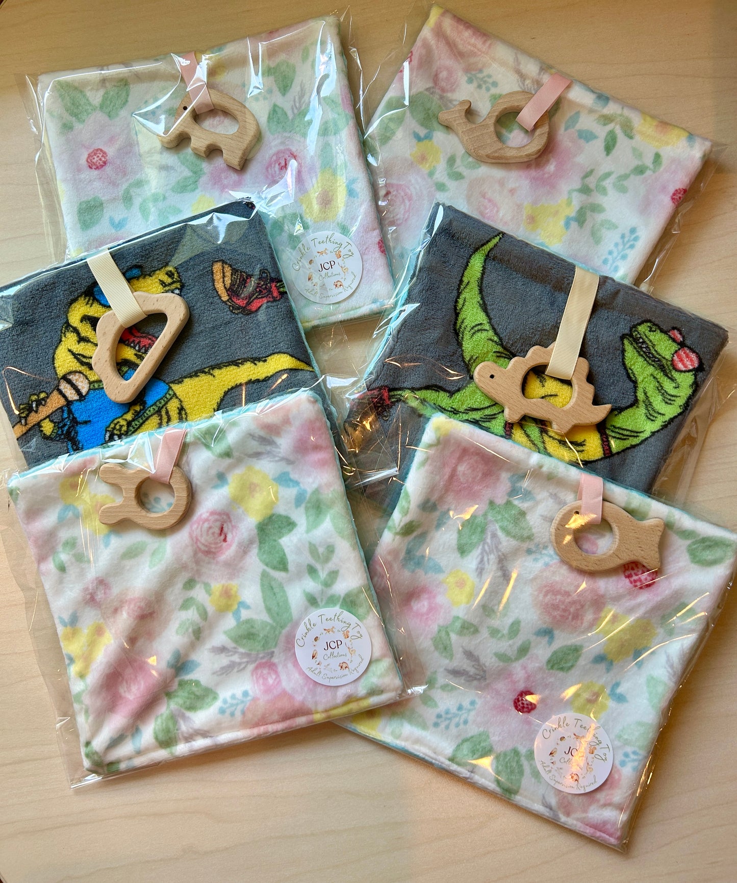 Baby Crinkle Teething Toy with Wooden Ring – Soft Minky Fabric