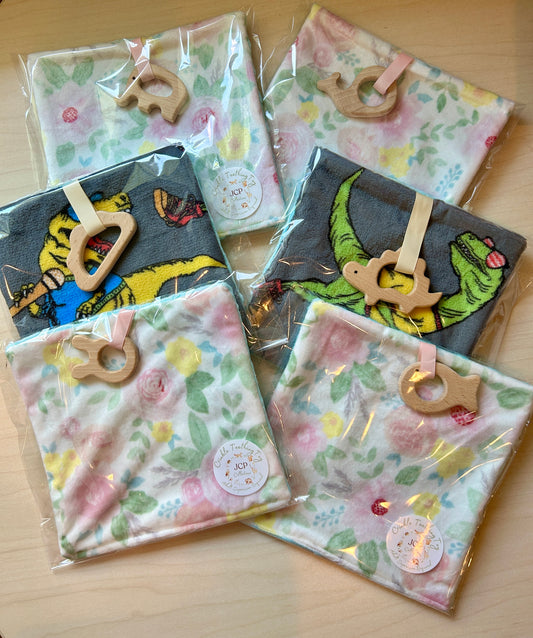 Baby Crinkle Teething Toy with Wooden Ring – Soft Minky Fabric