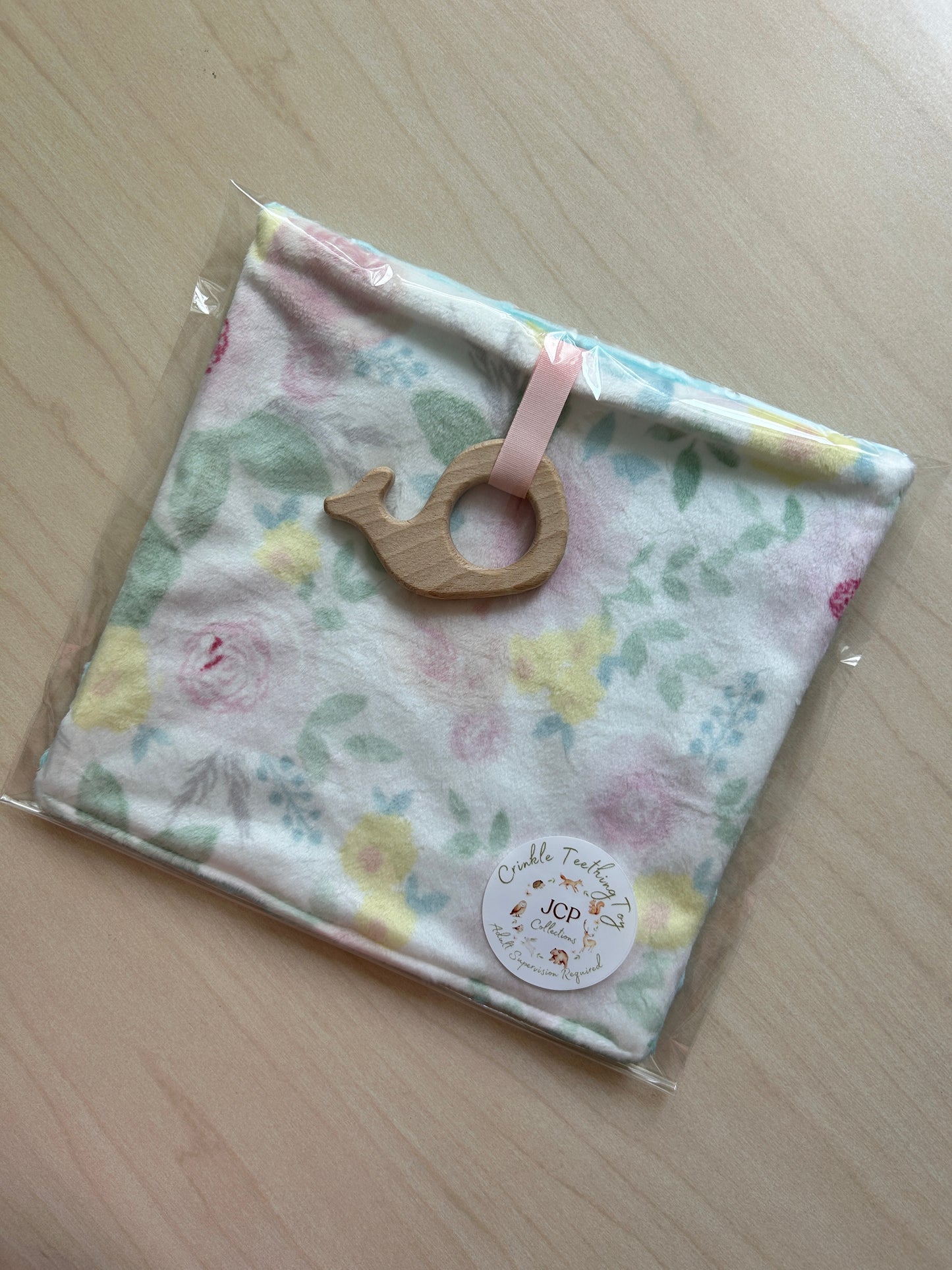 Baby Crinkle Teething Toy with Wooden Ring – Soft Minky Fabric