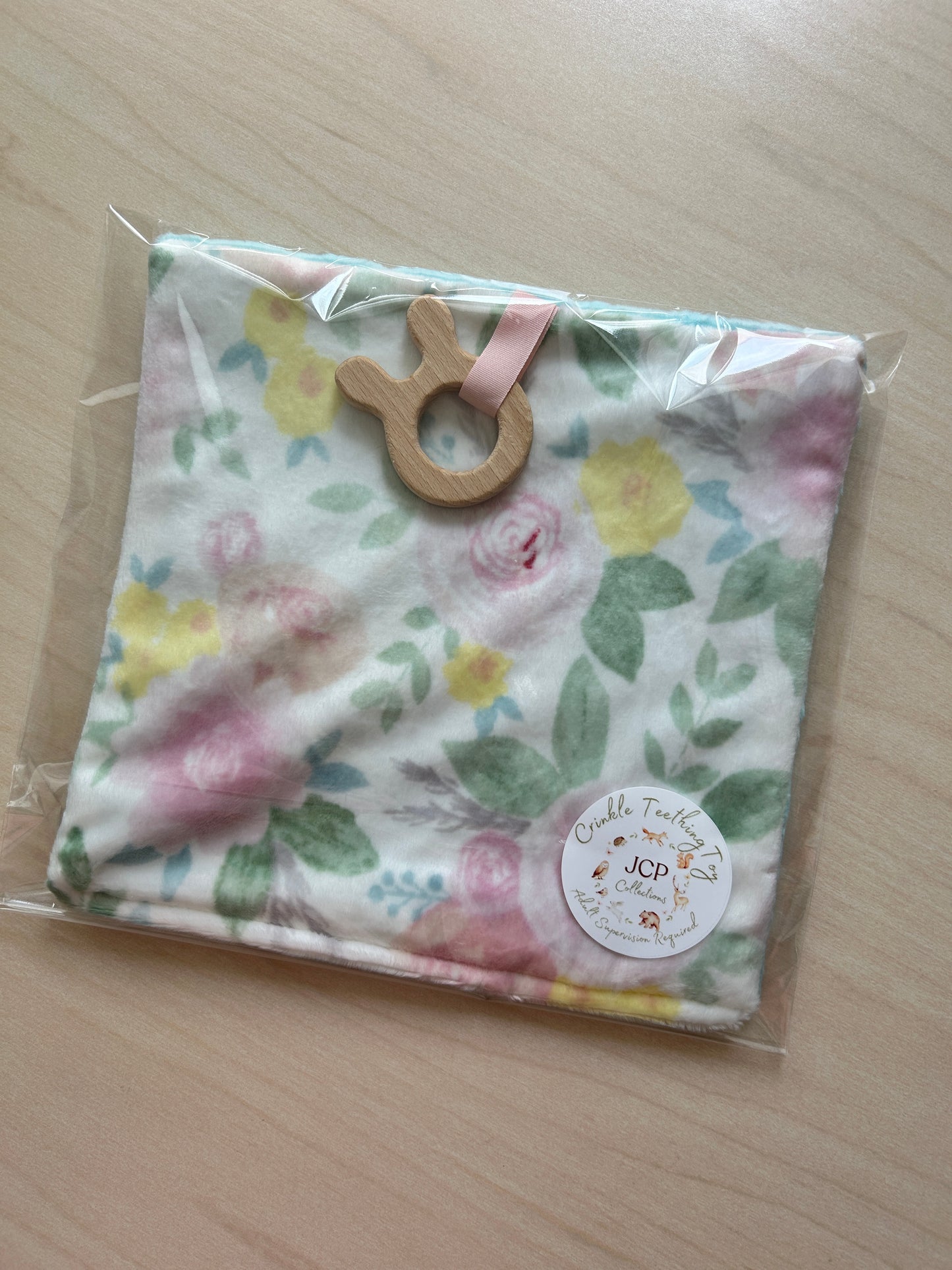 Baby Crinkle Teething Toy with Wooden Ring – Soft Minky Fabric