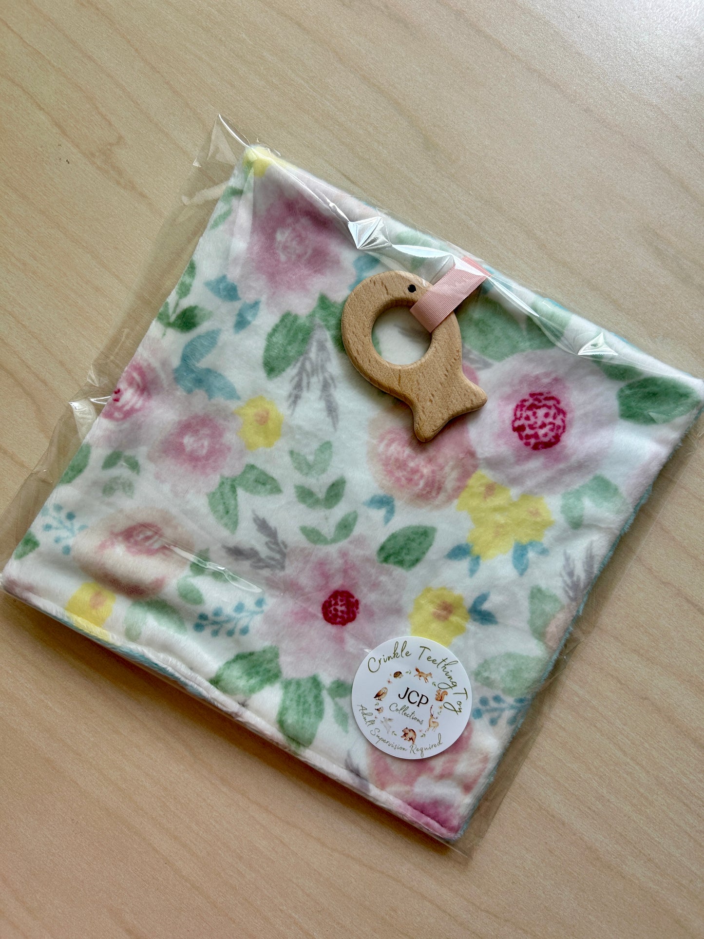 Baby Crinkle Teething Toy with Wooden Ring – Soft Minky Fabric