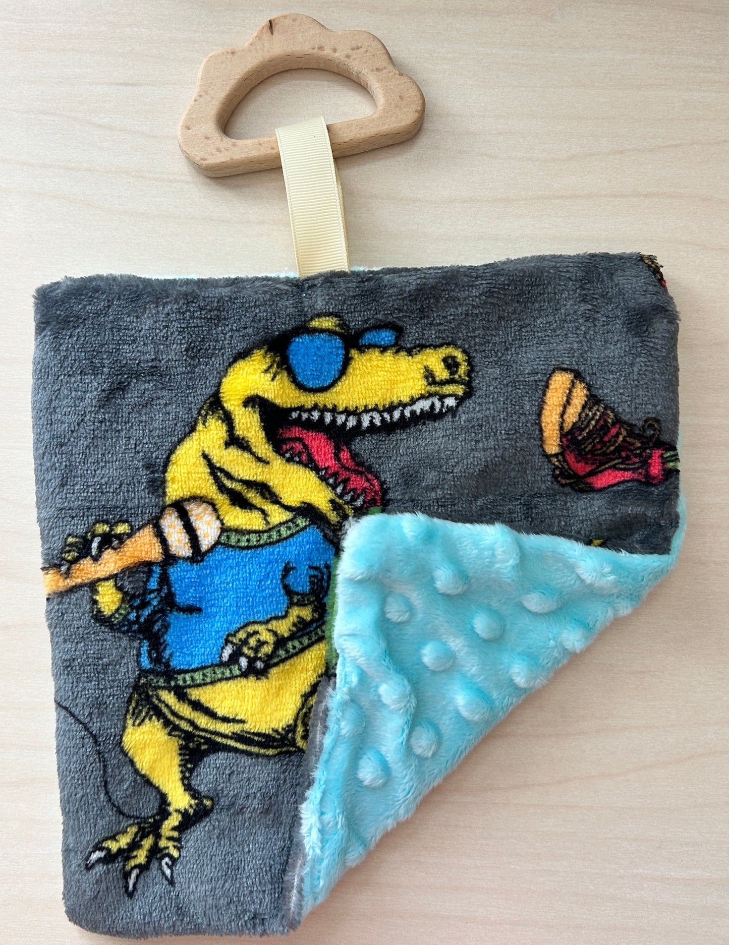 Baby Crinkle Teething Toy with Wooden Ring – Soft Minky Fabric